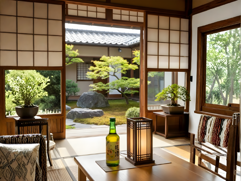 Chai rượu đặt cạnh đèn vàng trong không gian tĩnh 