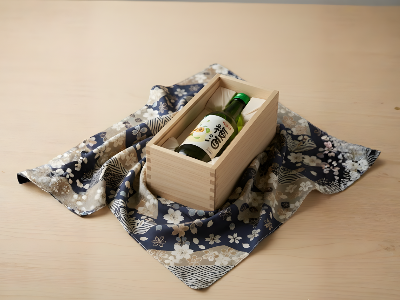 Hộp quà rượu đặt trên nền vải Nhật