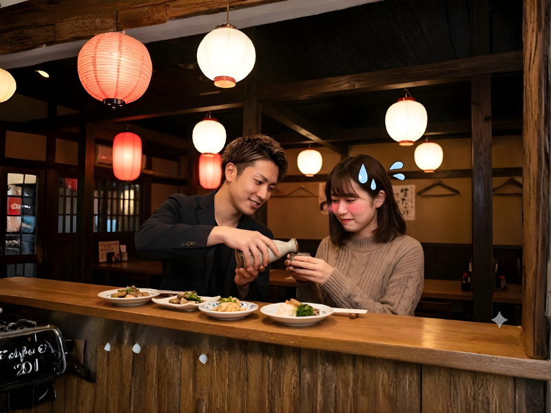 Một chàng trai cool ngầu đang rót rượu cho cô gái dễ thương trong quán Izakaya. Ánh mắt tình cảm.