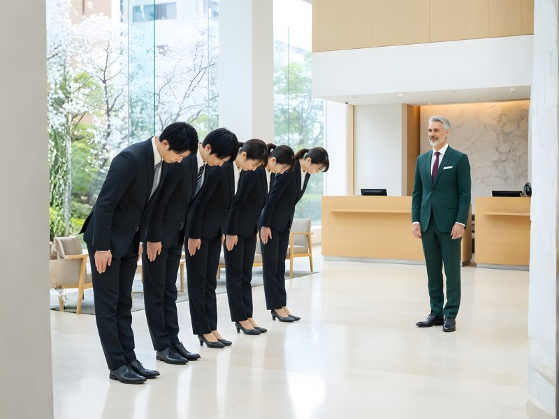 Nhóm nhân viên Nhật cùng cúi đầu chào khách