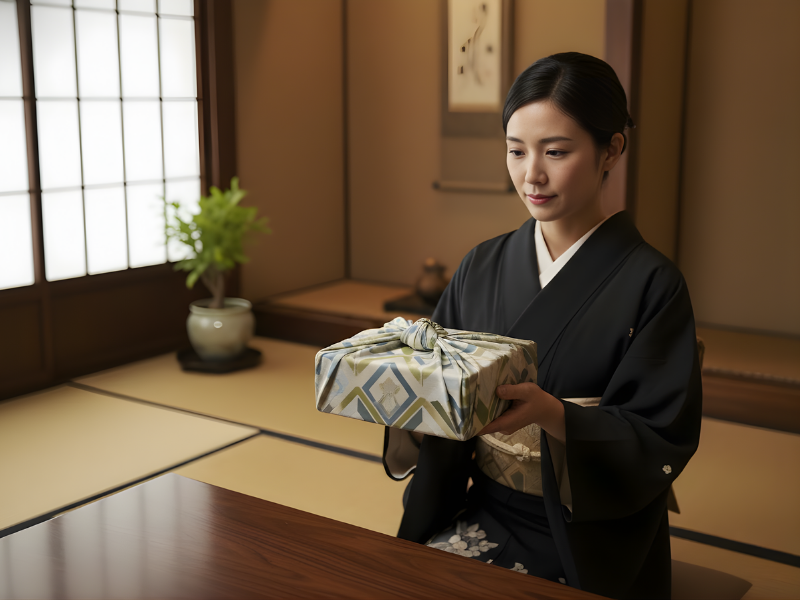 Quà gói bằng furoshiki được cầm bằng hai tay