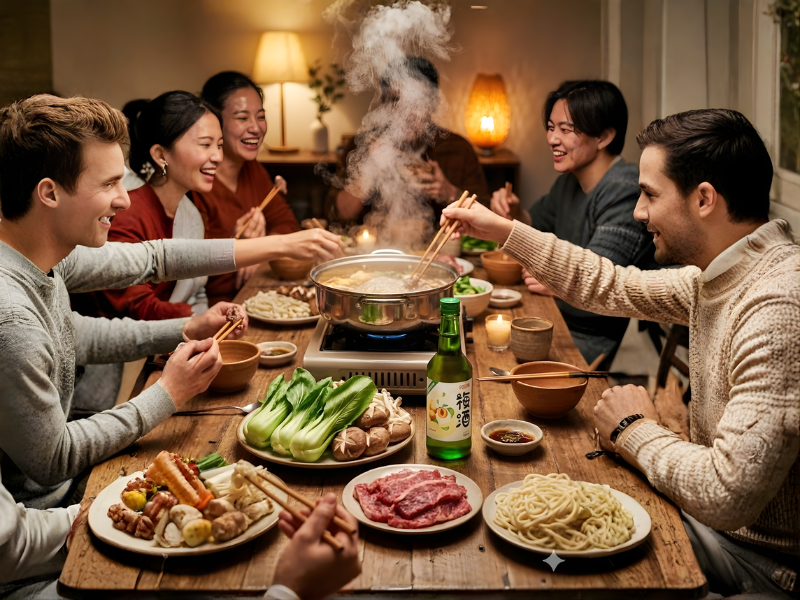 Một nồi lẩu đang sôi sùng sục giữa bàn. Xung quanh là rau nấm. Điểm nhấn là chai rượu mơ Fujita đặt trang trọng. Không khí ấm cúng gia đình/bạn bè.