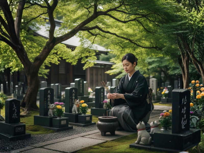 cô gái quỳ trước nghĩa trang thú cưng