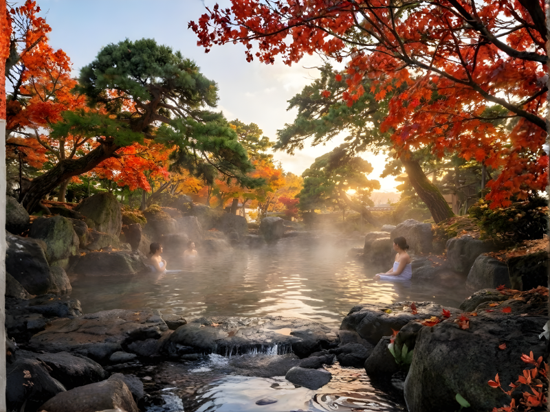 Một hồ nước nóng tự nhiên ngoài trời (Rotenburo), xung quanh là đá và cây cối (tuyết hoặc lá đỏ). Hơi nước bốc lên mờ ảo.