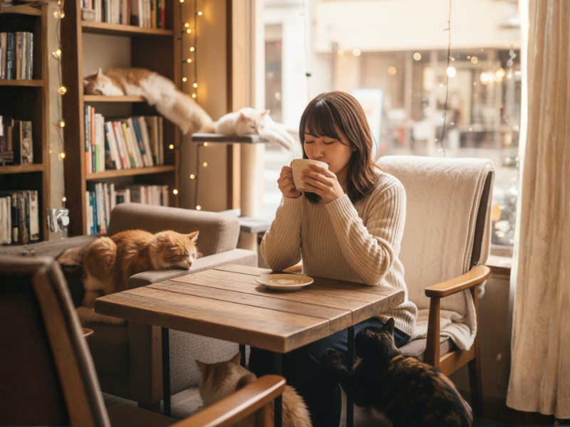 cô gái thư gian tại cà phê mèo
