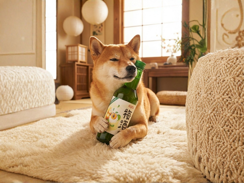 chó Shiba) đang ôm chai rượu mơ Fujita với vẻ mặt phê pha, sung sướng