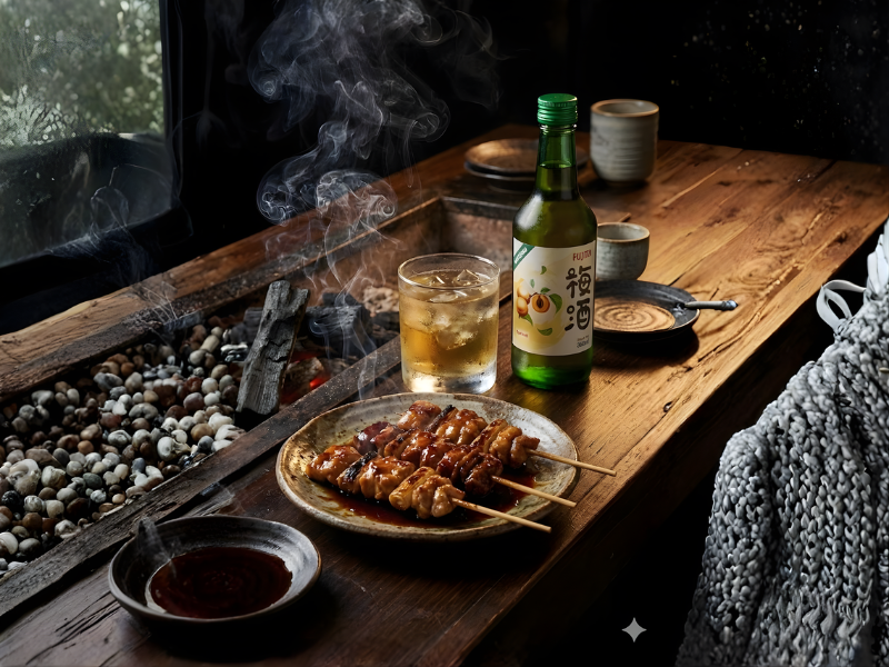 Cận cảnh một đĩa xiên thịt nướng (Yakitori) bốc khói nghi ngút. Bên cạnh là ly rượu mơ Fujita có đá lạnh toát mồ hôi. Màu sắc rực rỡ, kích thích vị giác.