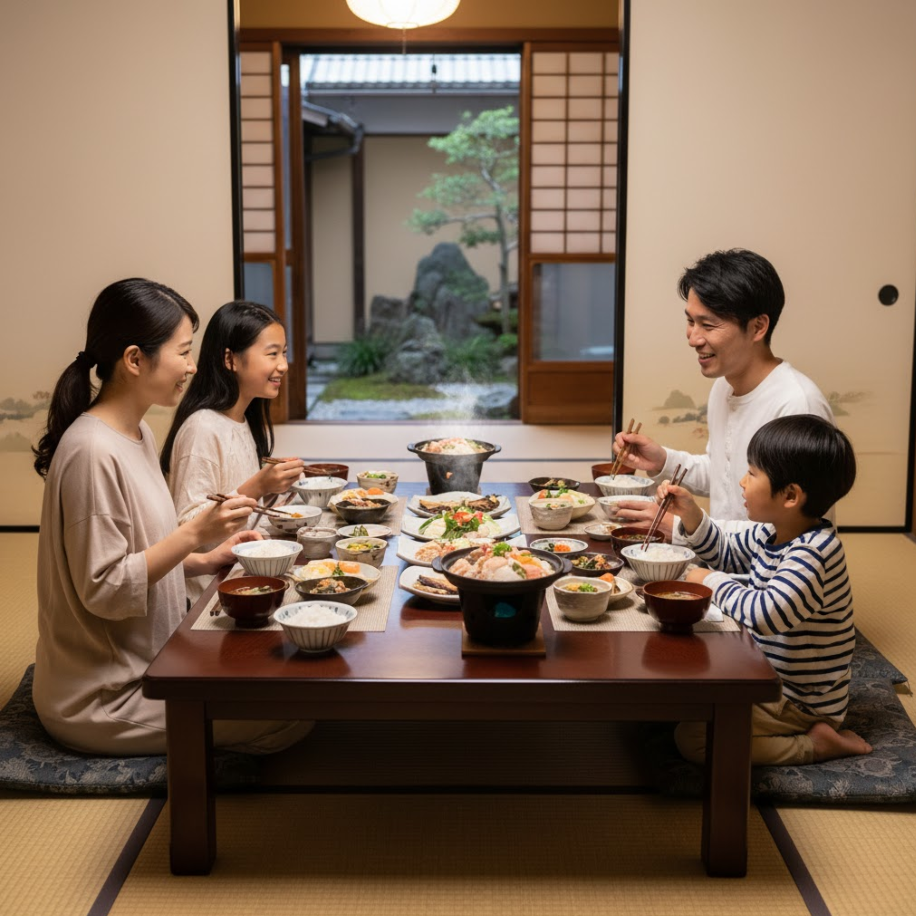 gia đình 4 người ngời ăn uống