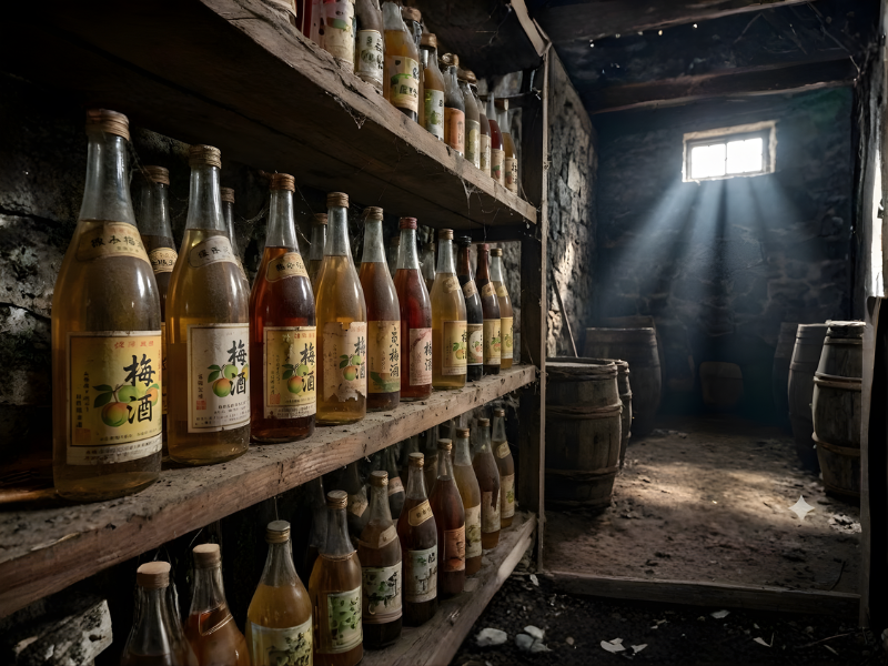 Hình ảnh một hầm rượu hoặc một kệ gỗ trưng bày các bình rượu mơ có màu sắc đậm nhạt khác nhau (thể hiện độ tuổi của rượu).