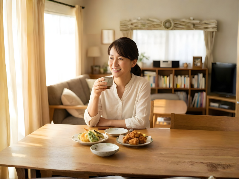 Một người phụ nữ đang cười tươi, tay cầm ly rượu nhỏ, ngồi bên bàn ăn thịnh soạn (nhiều món chiên rán).