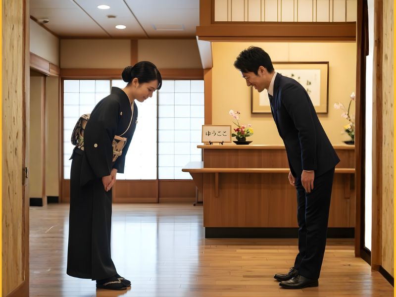 nhân viên khách sạn cúi chào khách 