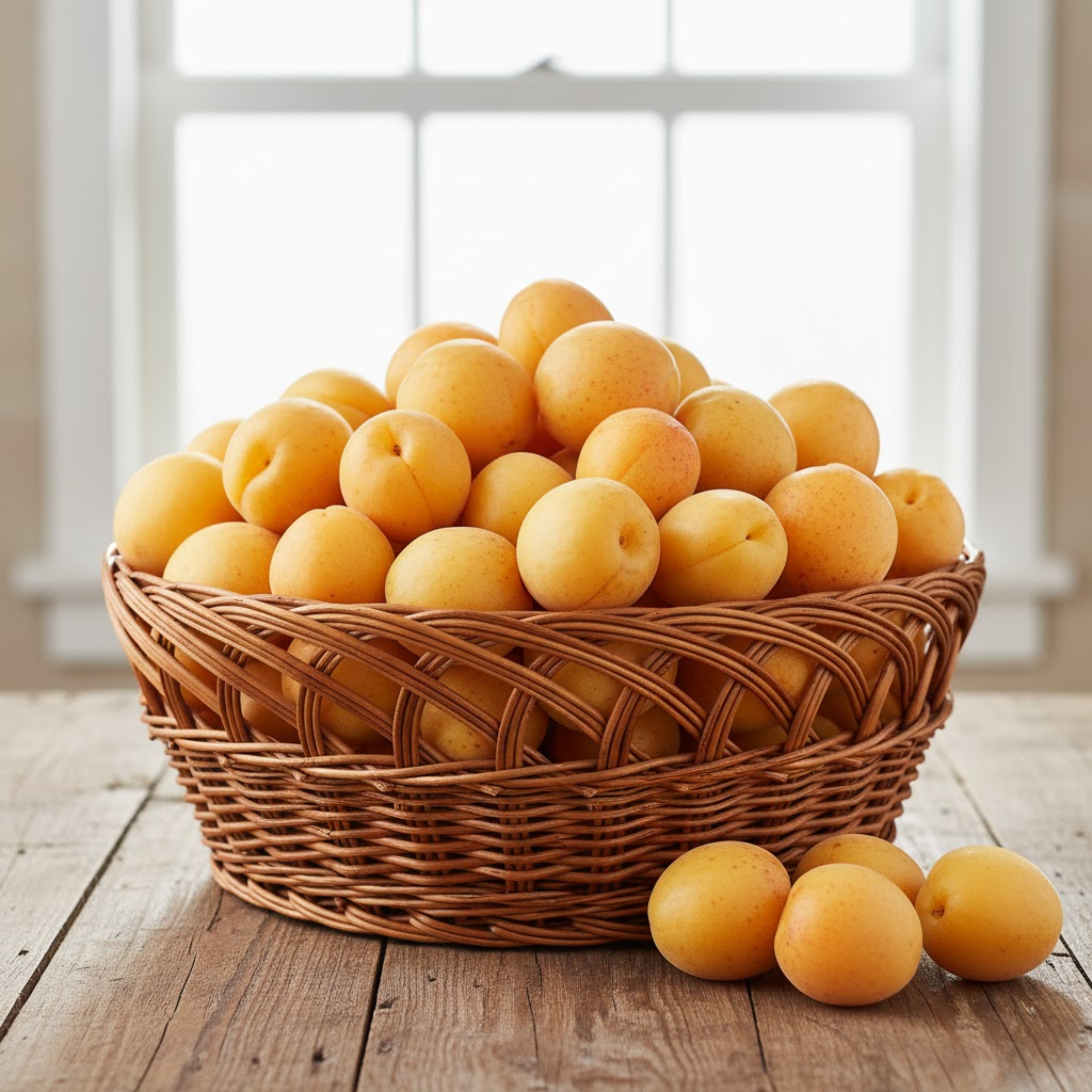 những quả mơ vàng ươm được đặt trong rổ tre