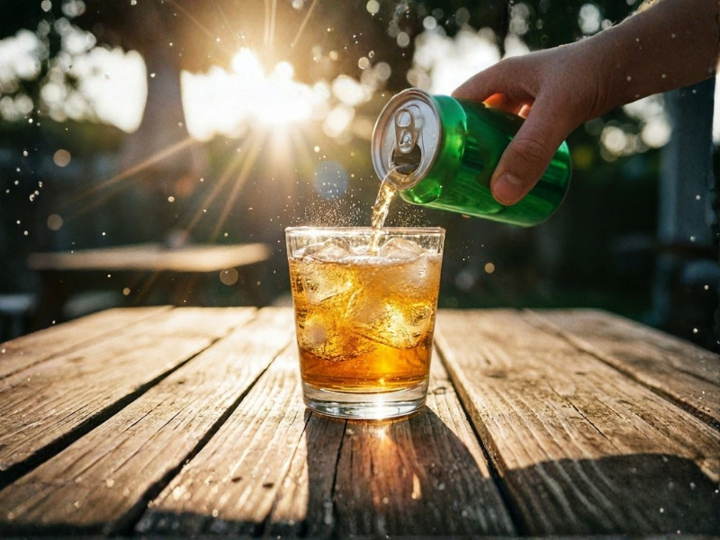 Ảnh chụp thao tác tay đang rót lon soda vào ly đã có sẵn rượu và đá. Ánh sáng chiếu xuyên qua ly nước tạo màu vàng lấp lánh đẹp mắt.