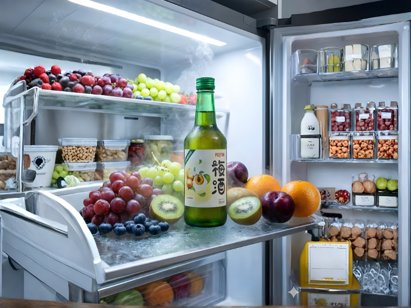 Chai rượu mơ Fujita được đặt gọn gàng trong ngăn cánh tủ lạnh, bên cạnh là hoa quả tươi. Có hơi lạnh toát ra nhìn rất sảng khoái.
