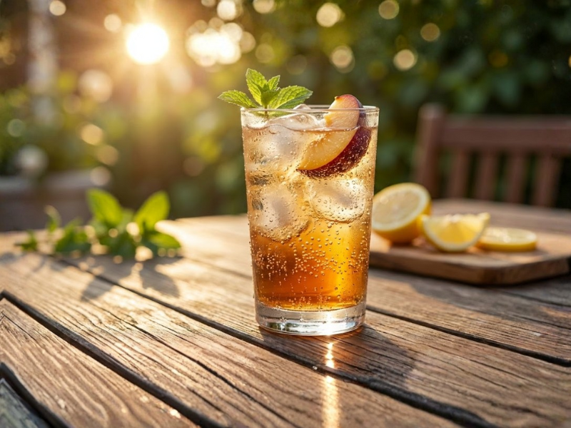 Cận cảnh một ly thủy tinh cao, bên trong là chất lỏng màu vàng hổ phách nhạt, có rất nhiều bọt khí sủi tăm bám quanh thành ly, cảm giác cực kỳ mát lạnh.