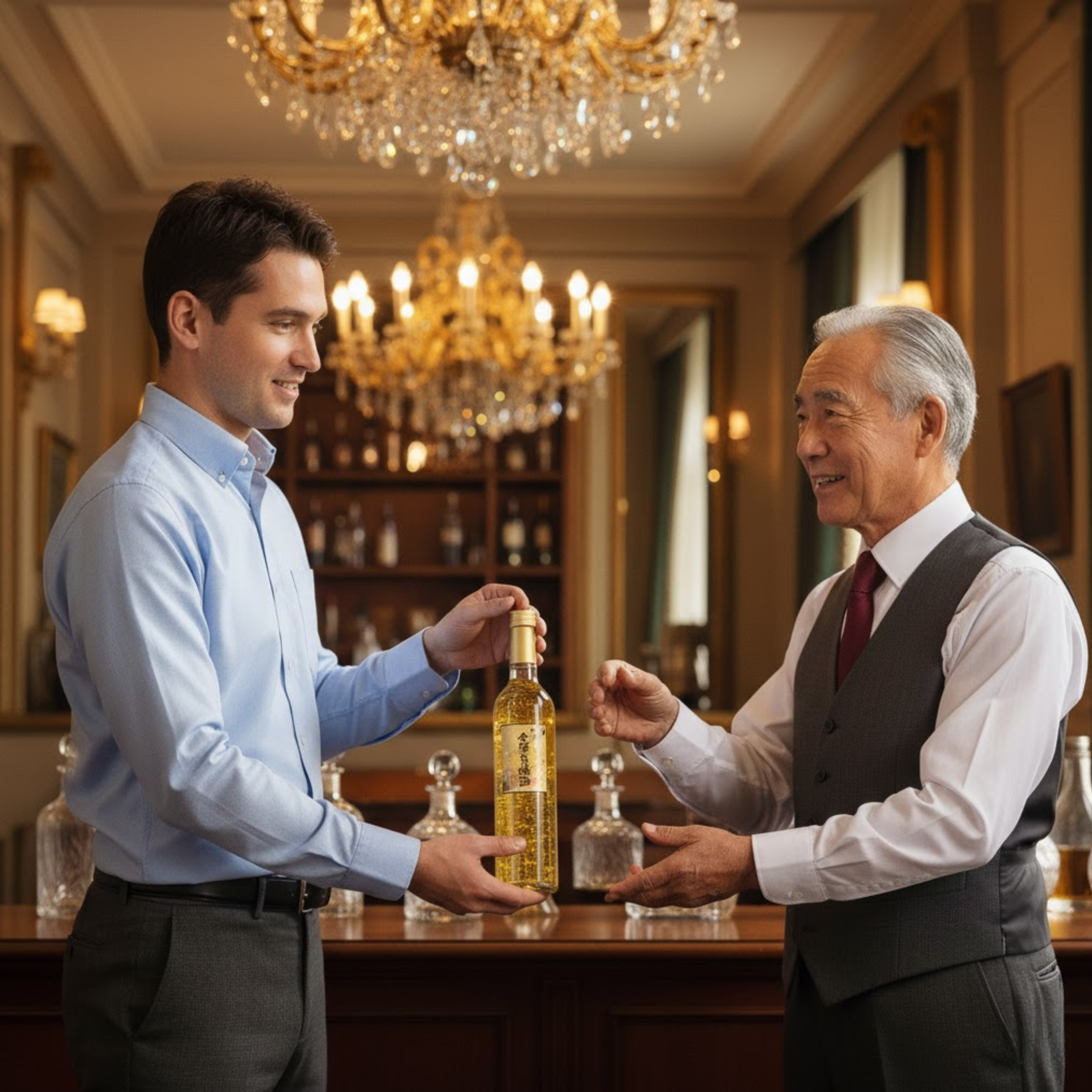 người đàn ông tặng chai rượu mơ vảy vàng cho sếp