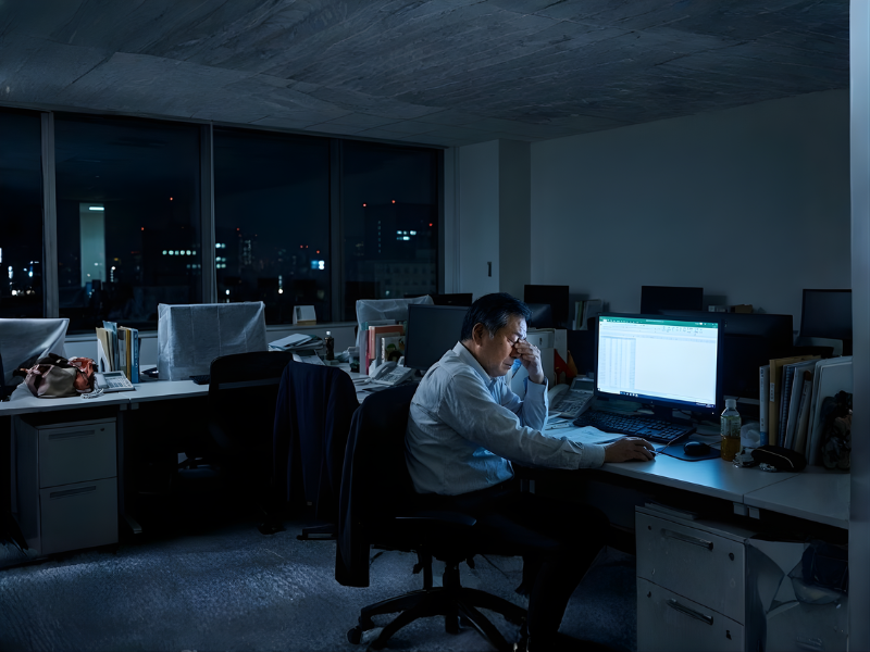 người đàn ông mệt mỏi trc đống giấy tờ