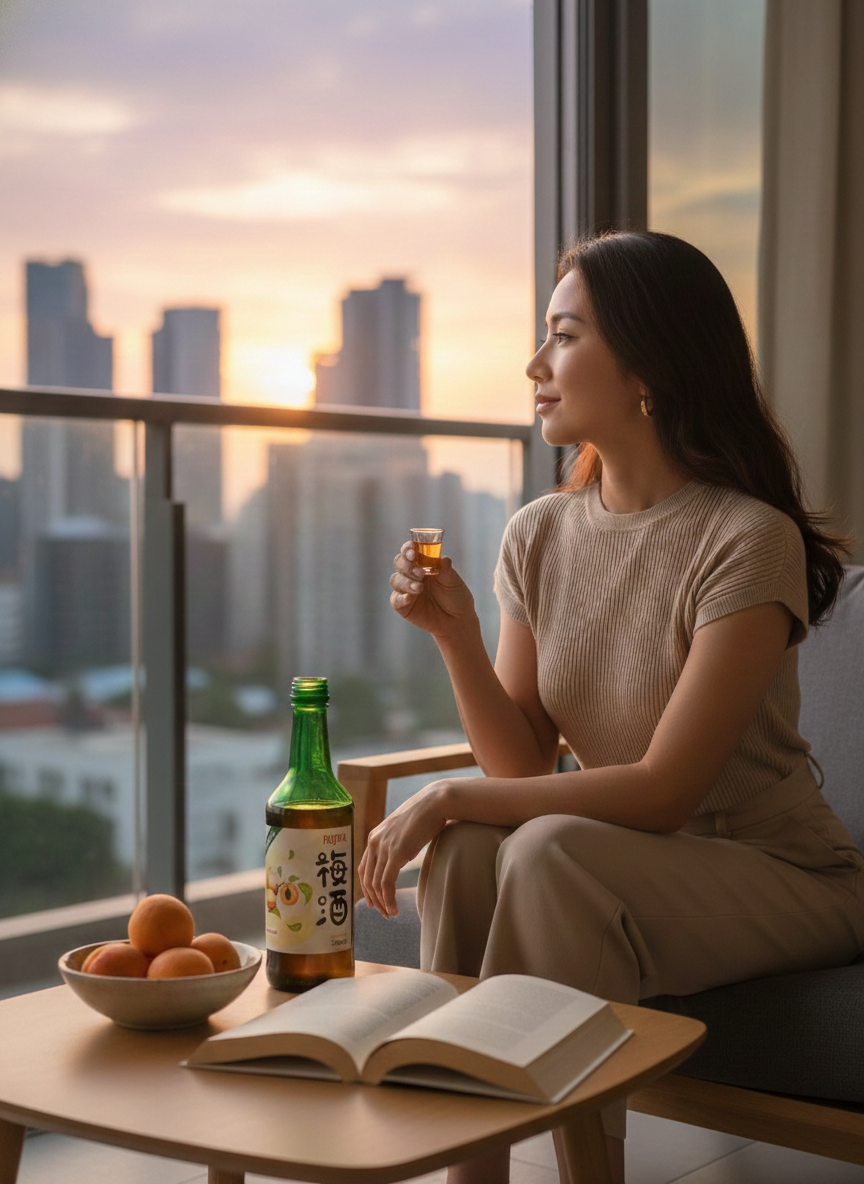 cô gái thưởng thức rượu mơ fujita