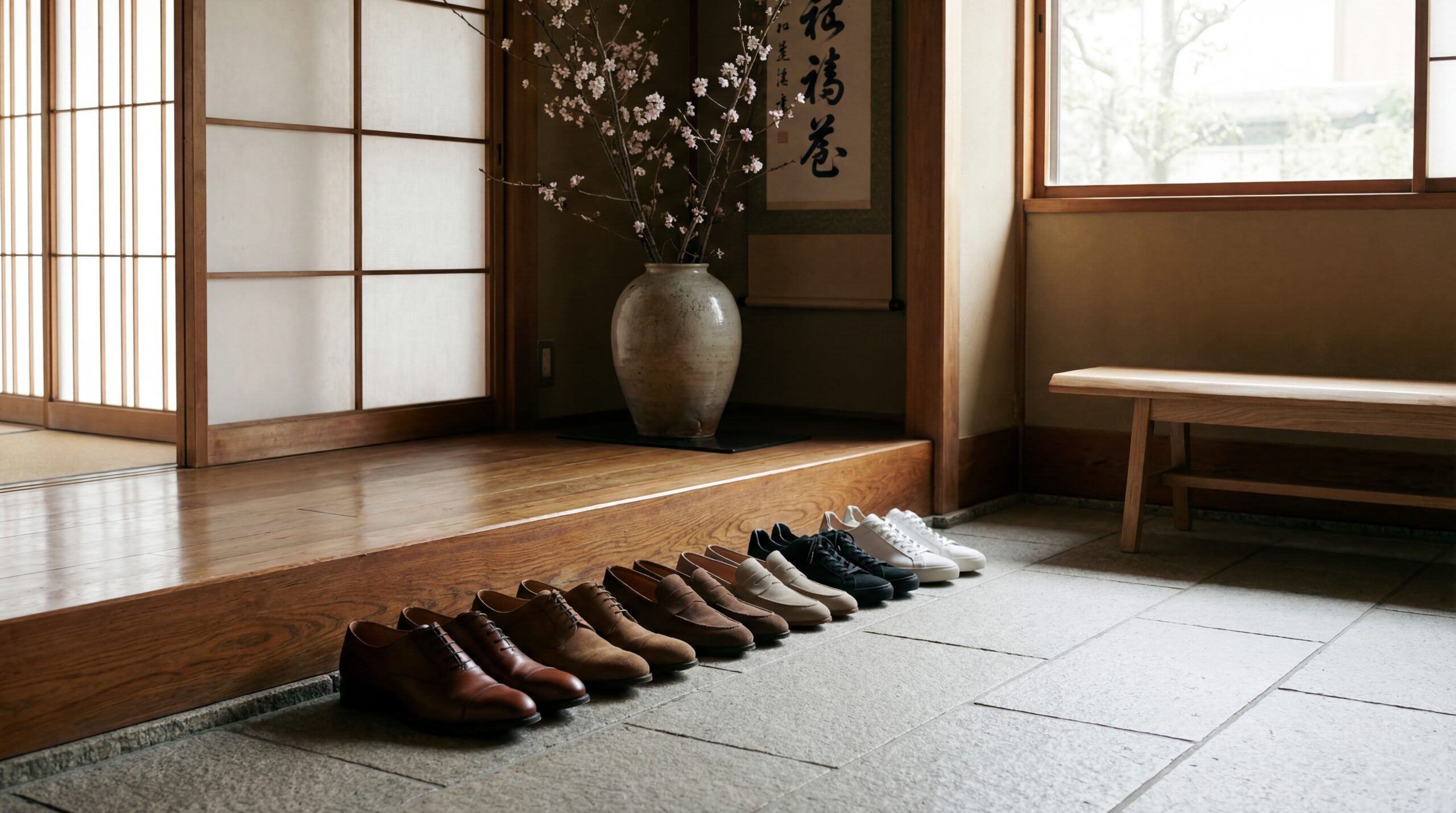 Một bức ảnh chụp khu vực Genkan với những đôi giày được xếp ngay ngắn